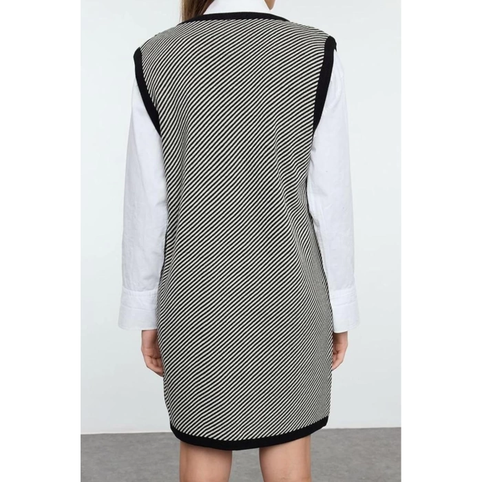 Moda Stil Regular V Yaka Mini Boy Triko Renk Bloklu Elbise