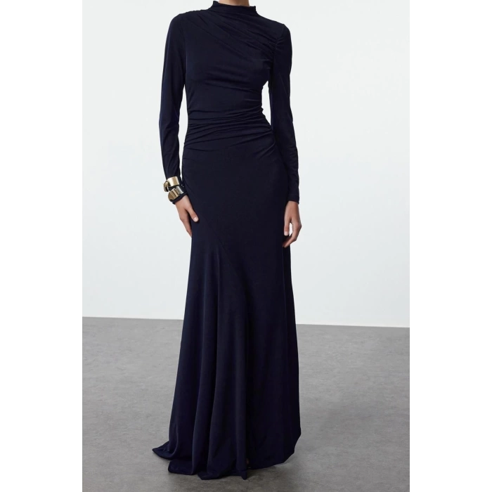 Moda Stil Slim Dik Yaka Maxi Boy Fitted Vücuda Oturan Uzun Kollu Esnek Örme Elbise