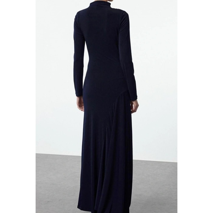 Moda Stil Slim Dik Yaka Maxi Boy Fitted Vücuda Oturan Uzun Kollu Esnek Örme Elbise