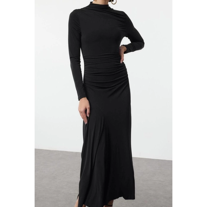Moda Stil Slim Dik Yaka Maxi Boy Fitted Vücuda Oturan Uzun Kollu Esnek Örme Elbise
