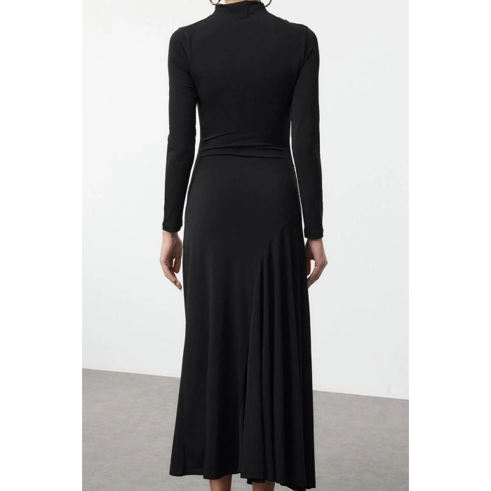 Moda Stil Slim Dik Yaka Maxi Boy Fitted Vücuda Oturan Uzun Kollu Esnek Örme Elbise