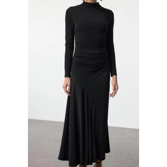 Moda Stil Slim Dik Yaka Maxi Boy Fitted Vücuda Oturan Uzun Kollu Esnek Örme Elbise
