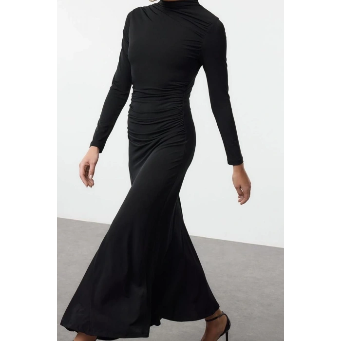 Moda Stil Slim Dik Yaka Maxi Boy Fitted Vücuda Oturan Uzun Kollu Esnek Örme Elbise