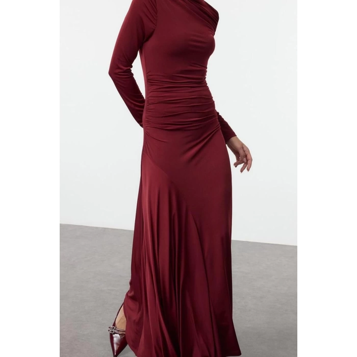 Moda Stil Slim Dik Yaka Maxi Boy Fitted Vücuda Oturan Uzun Kollu Esnek Örme Elbise