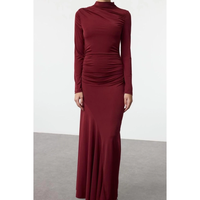 Moda Stil Slim Dik Yaka Maxi Boy Fitted Vücuda Oturan Uzun Kollu Esnek Örme Elbise