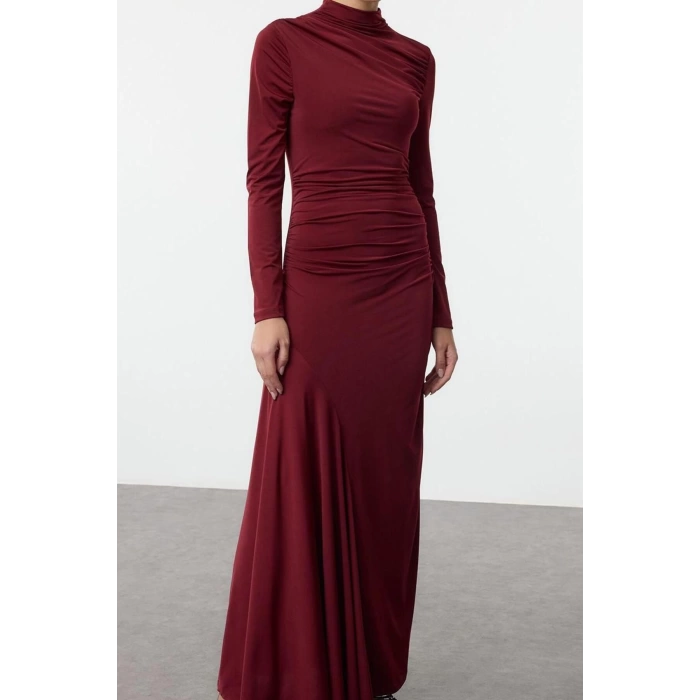 Moda Stil Slim Dik Yaka Maxi Boy Fitted Vücuda Oturan Uzun Kollu Esnek Örme Elbise