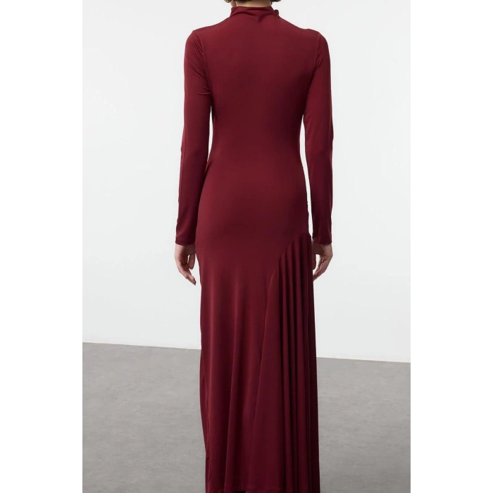 Moda Stil Slim Dik Yaka Maxi Boy Fitted Vücuda Oturan Uzun Kollu Esnek Örme Elbise