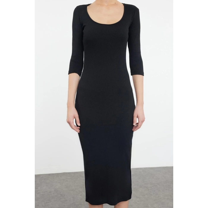 Moda Stil Slim Havuz Yaka Maxi Boy Fitted Vücuda Oturan Uzun Kollu Bisiklet Yaka Esnek Örme Elbise