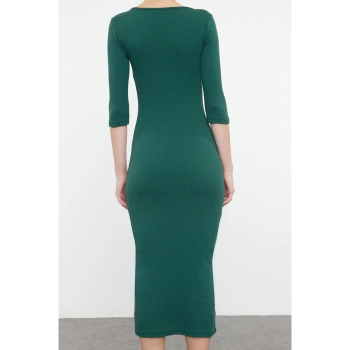 Moda Stil Slim Havuz Yaka Maxi Boy Fitted Vücuda Oturan Uzun Kollu Bisiklet Yaka Esnek Örme Elbise