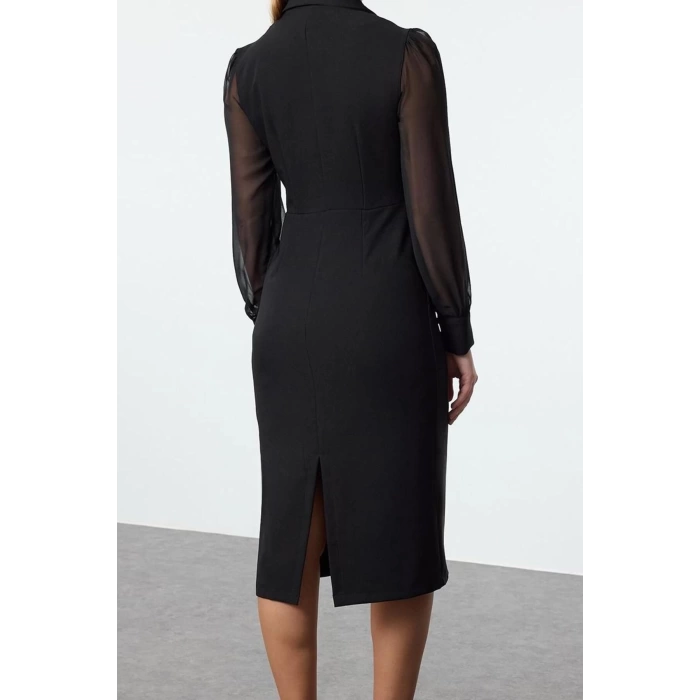Fashion Style Regular Jacket Collar Midi Length Body-hugging Chiffon Sleeve Detailed Woven Dress