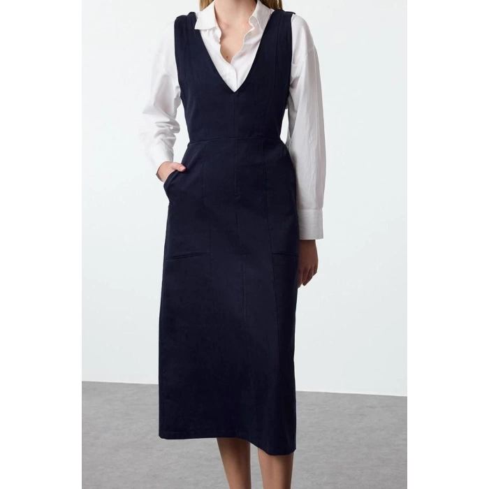 Moda Stil Regular V Yaka Midi Boy Jile Dokuma Elbise