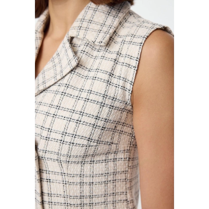 Moda Stil Regular Ceket Yaka Mini Boy Ekose Kareli Pilise Detaylı Tüvit Dokuma Ceket Elbise