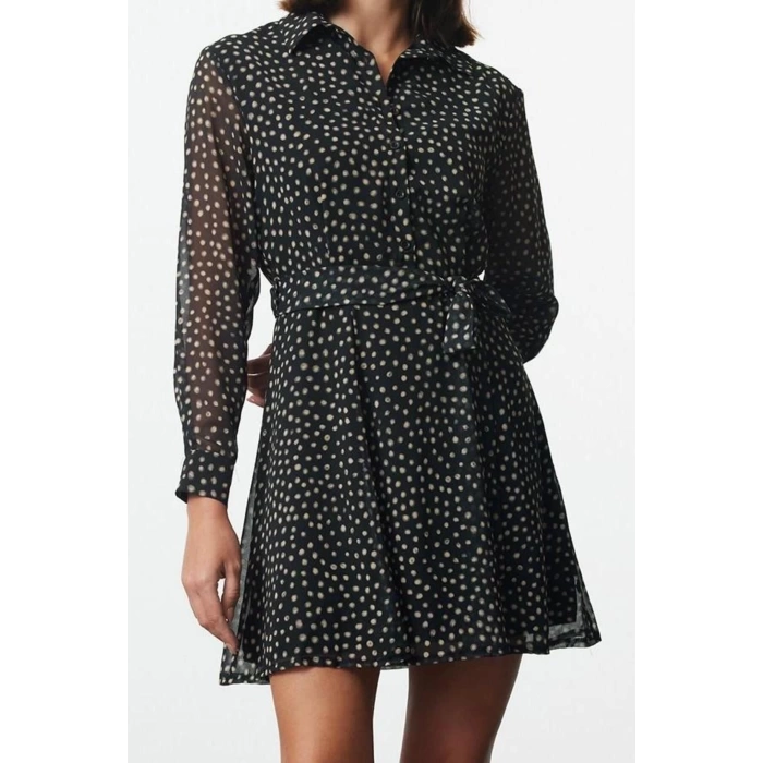 Moda Regular Mini Length Black Belted Polka Dot Waist Opening Lined Chiffon Woven Winter Dress