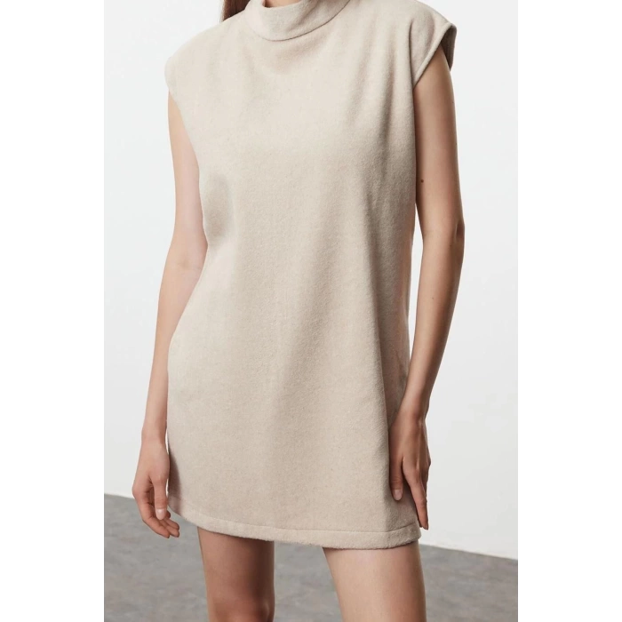 Moda Stil Regular Dik Yaka Mini Boy Düz Kesim lı Dokuma Elbise