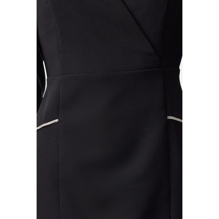 Moda Stil Fitted Kruvaze Mini Boy Vücuda Oturan Taş Şerit Detaylı Dokuma Elbise