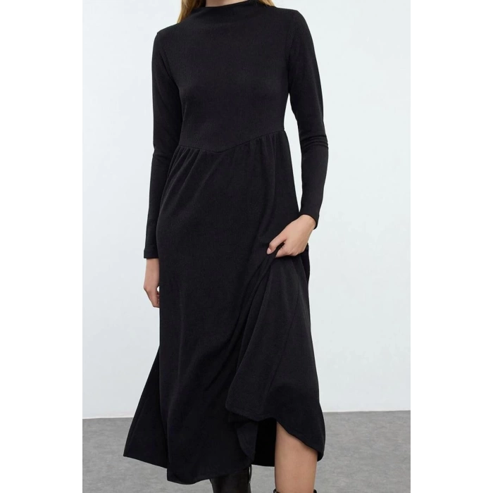 Fashion Style Regular Boat Neck Maxi Length Plain Skater Waist Open Elastic Knitted Dress