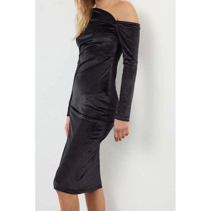 Moda Stil Slim Asimetrik Yaka Midi Boy Düz Tek Omuz Detaylı Drapeli Vücuda Oturan Örme Elbise