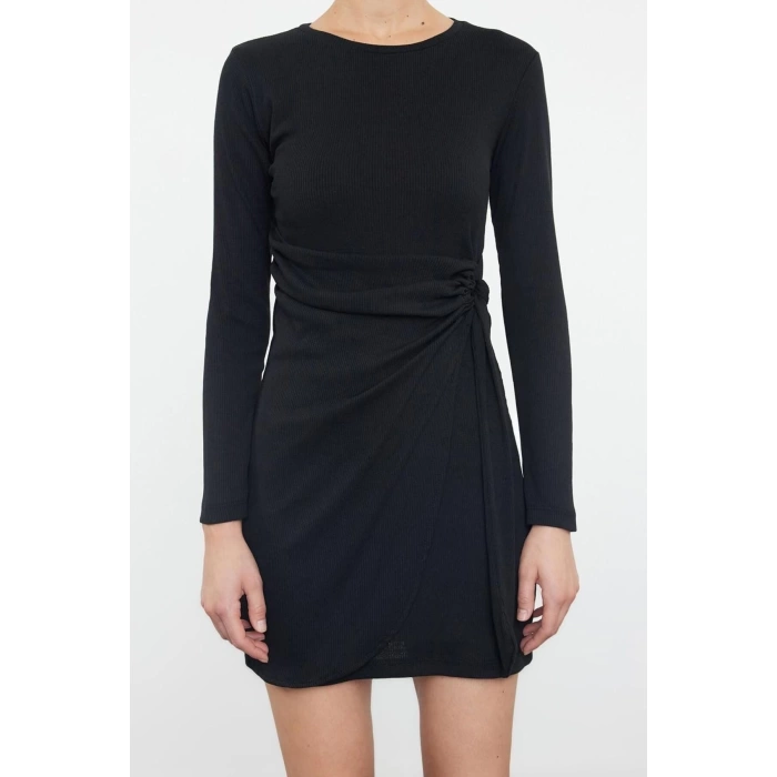 Moda Stil Slim Bisiklet Yaka Mini Boy Fitted Vücuda Oturan Fitilli Esnek Örme Elbise
