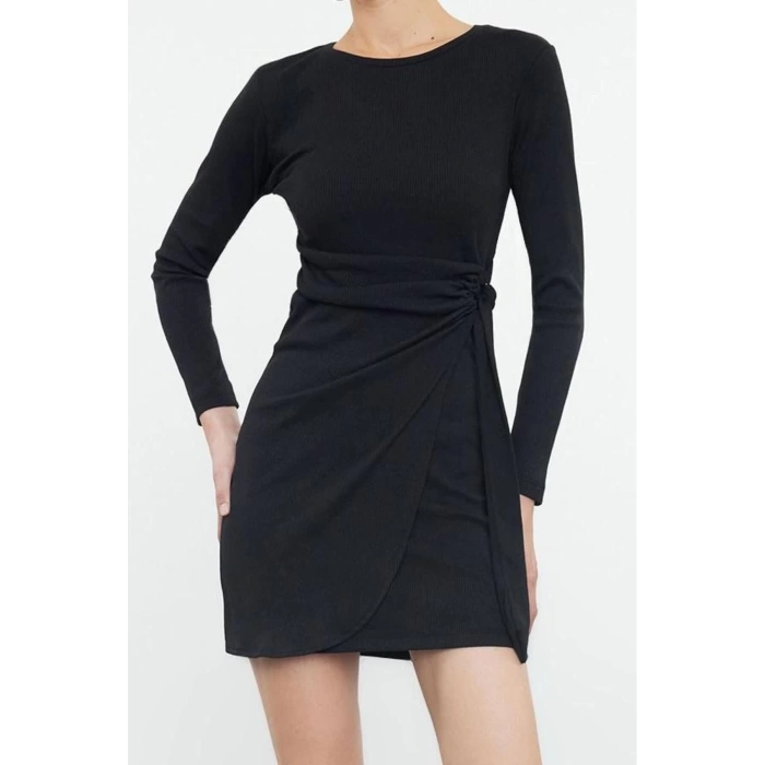 Moda Stil Slim Bisiklet Yaka Mini Boy Fitted Vücuda Oturan Fitilli Esnek Örme Elbise