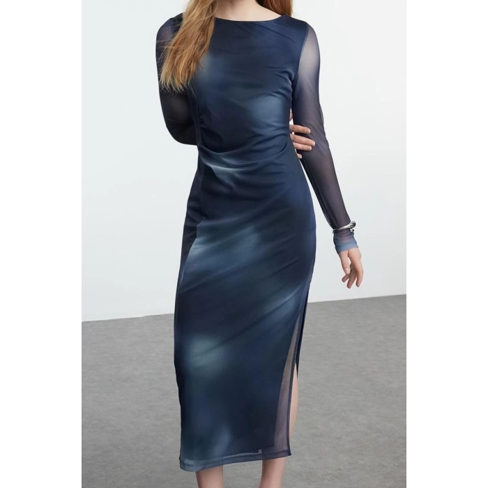 Fashion Style Slim Boat Neck Maxi Length Abstract Patterned Fitted Bodycon Tulle Stretchy Knit Dress