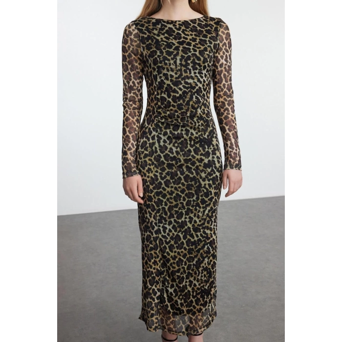 Fashion Style Slim Boat Neck Maxi Length Abstract Patterned Fitted Bodycon Tulle Stretchy Knit Dress