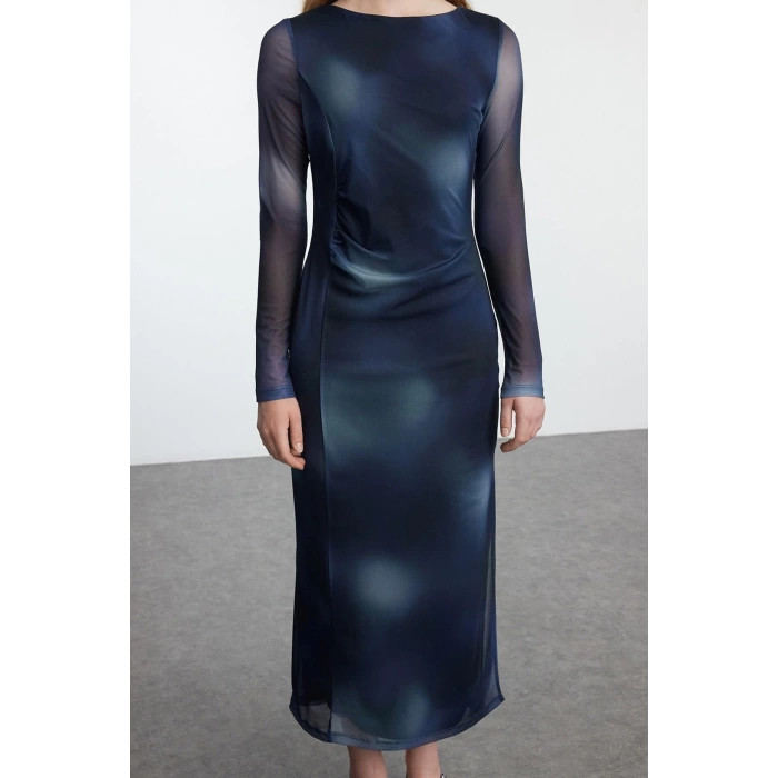 Fashion Style Slim Boat Neck Maxi Length Abstract Patterned Fitted Bodycon Tulle Stretchy Knit Dress