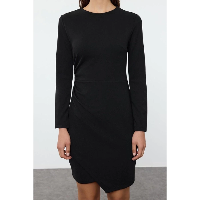 Moda Slim Bisiklet Yaka Mini Boy Düz Büzgü Drape Detaylı Bodycone Vücuda Oturan Esnek Örme Elbise