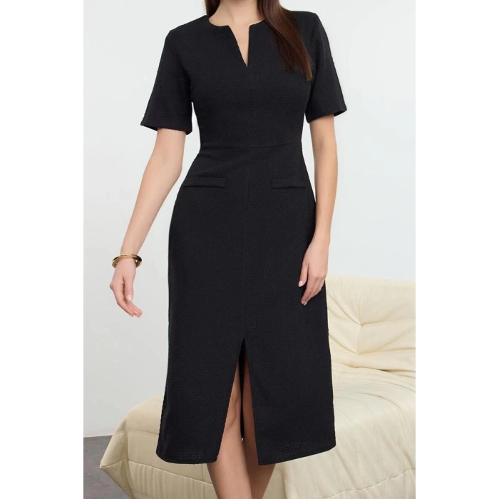 Moda Stil Regular Bisiklet Yaka Midi Boy Kuşaklı A Kesim Tüvit Dokuma Elbise