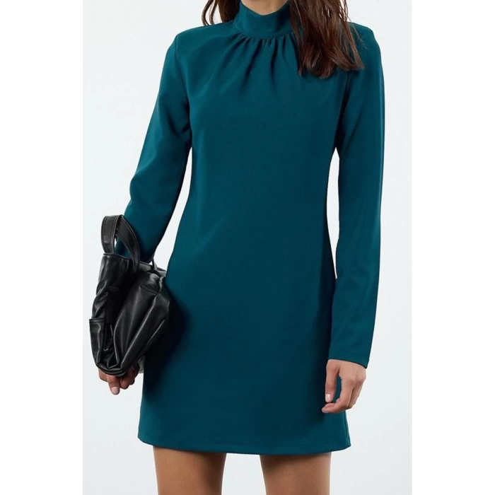 Moda Stil Regular Dik Yaka Mini Boy A Kesim Dokuma Elbise