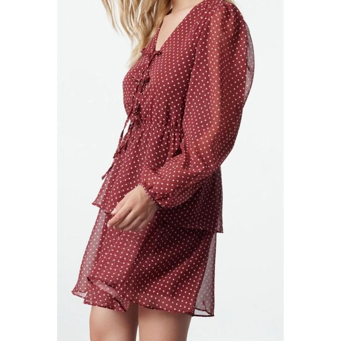 Moda Regular V Neck Mini Length Patterned Skirt Opening from Waist with Bow Collar Detail Chiffon Woven Dress