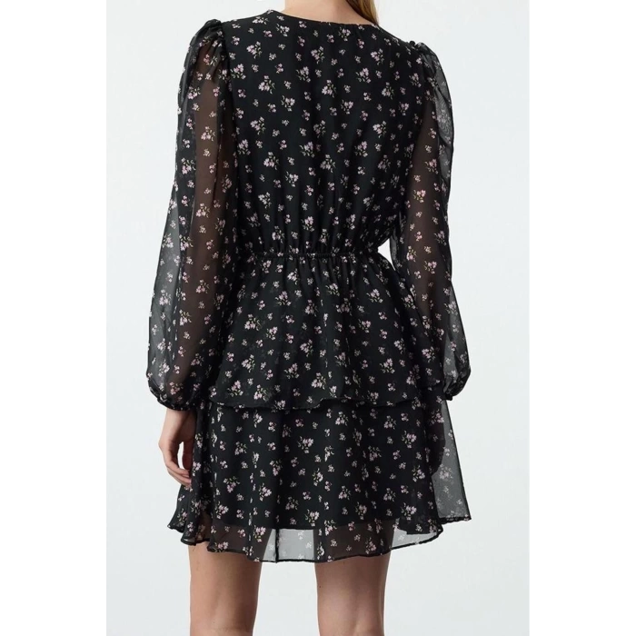 Moda Regular V Neck Mini Length Patterned Skirt Opening from Waist with Bow Collar Detail Chiffon Woven Dress