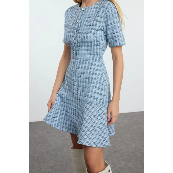 Moda Stil Regular Bisiklet Yaka Mini Boy Eteği Belden Açılan Tüvit Dokuma Elbise