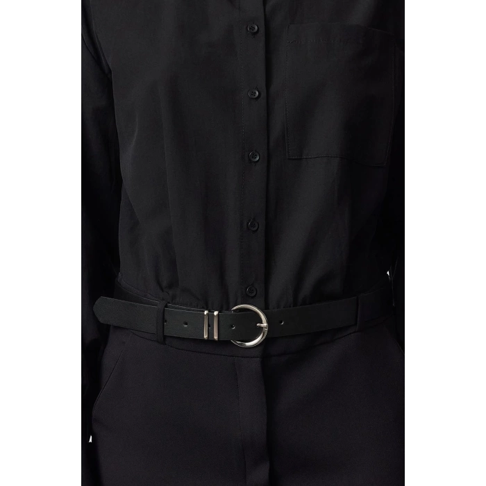 Moda Stil Regular Gömlek Yaka Mini Boy Limited Edition Kemerli Dokuma Elbise
