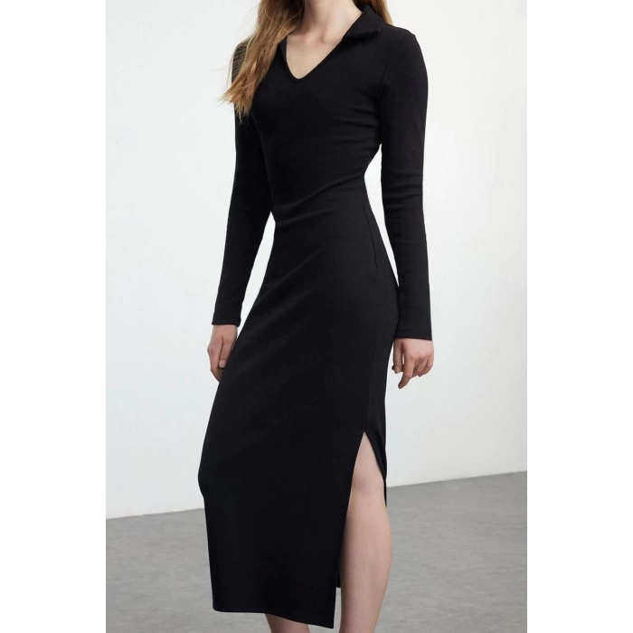 Moda Stil Fitted V Yaka Midi Boy Düz Polo Yaka Bodycone Vücuda Oturan Örme Elbise