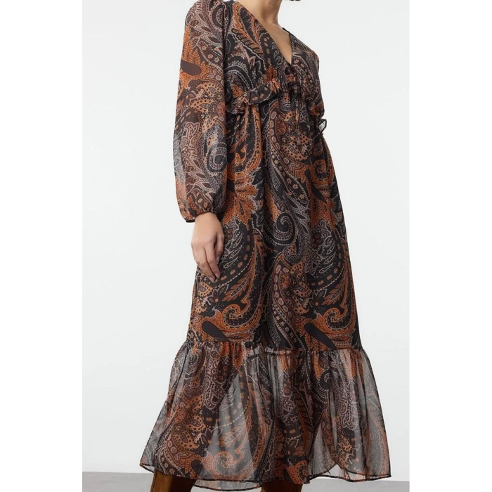 Moda Stil Regular V Yaka Midi Boy Fırfırlı Astarlı Şifon Dokuma Elbise