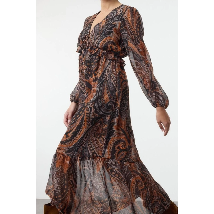 Moda Stil Regular V Yaka Midi Boy Fırfırlı Astarlı Şifon Dokuma Elbise