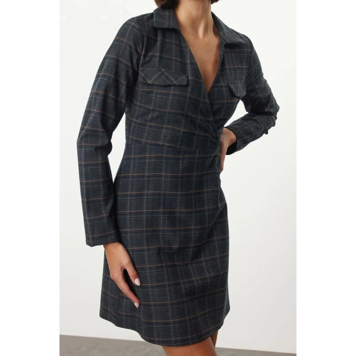 Moda Stil Regular Gömlek Yaka Mini Boy Ekose A Kesim Kruvaze Yaka Kışlık Dokuma Elbise