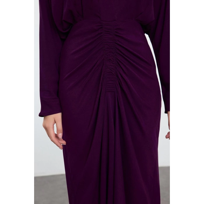 Moda Stil Fitted V Yaka Midi Boy Yaka Açıklığı Ayarlanabilir Eteği Büzgülü Dokuma Elbise