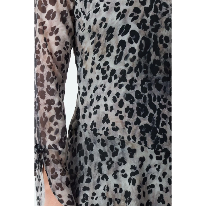 Moda Stil Regular Bisiklet Yaka Mini Boy Eteği Volanlı Leopar Desenli Dokuma Kışlık Elbise