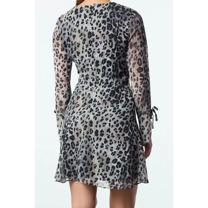 Moda Stil Regular Bisiklet Yaka Mini Boy Eteği Volanlı Leopar Desenli Dokuma Kışlık Elbise