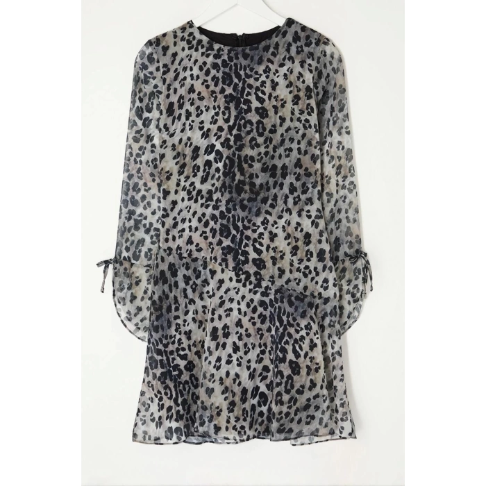 Moda Stil Regular Bisiklet Yaka Mini Boy Eteği Volanlı Leopar Desenli Dokuma Kışlık Elbise