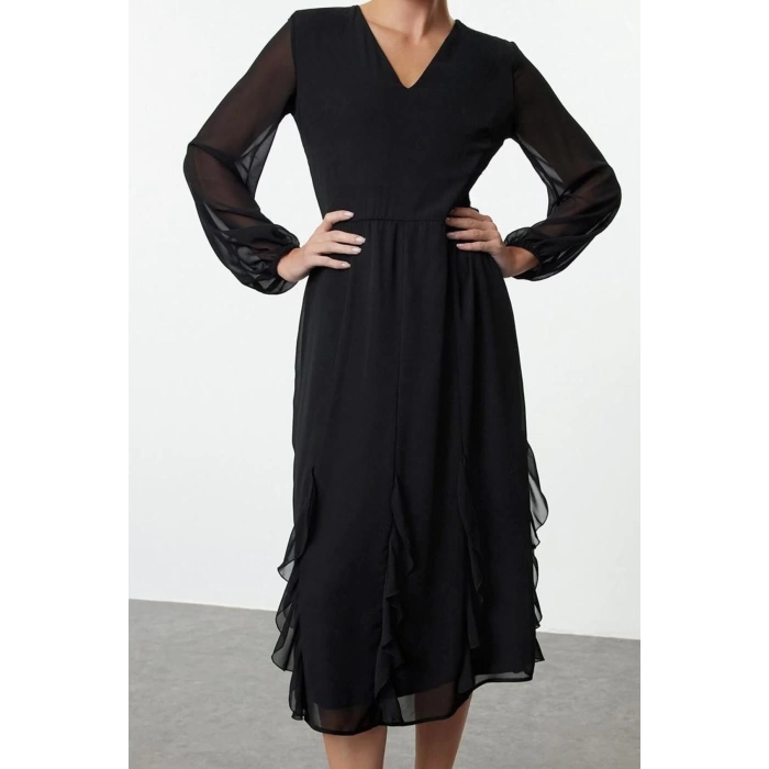 Moda Stil Regular V Yaka Midi Boy Fırfırlı Şifon Dokuma Elbise