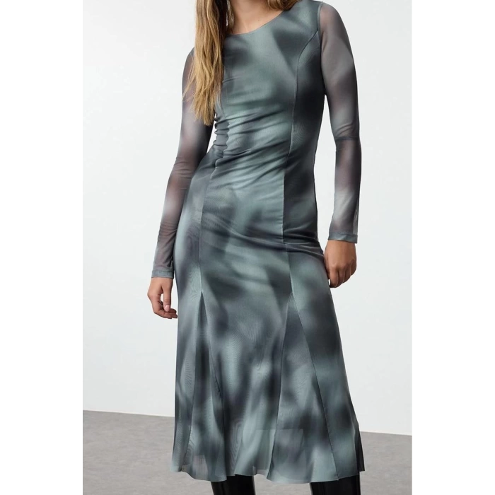 Moda Stil Slim Bisiklet Yaka Midi Boy Soyut Soyut Desenli Etek Ucu Fıfrfırlı Örme Elbise