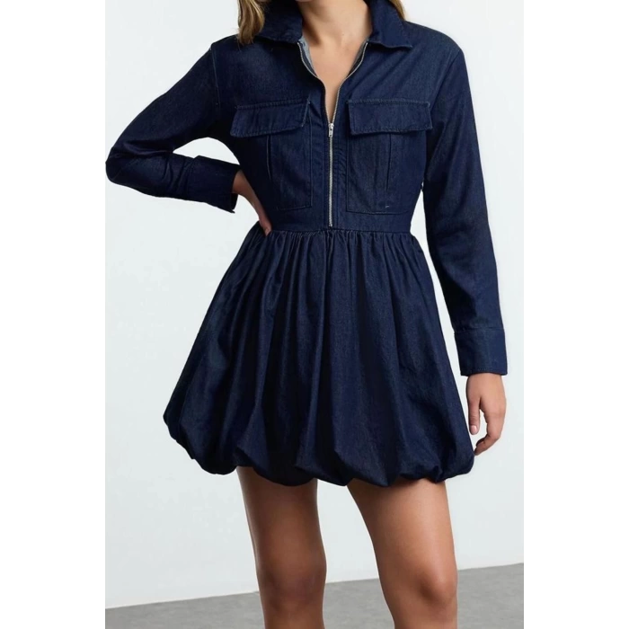 Moda Stil Denim Gömlek Yaka Mini Boy Cep Detaylı Balon Etekli Gömlek Elbise