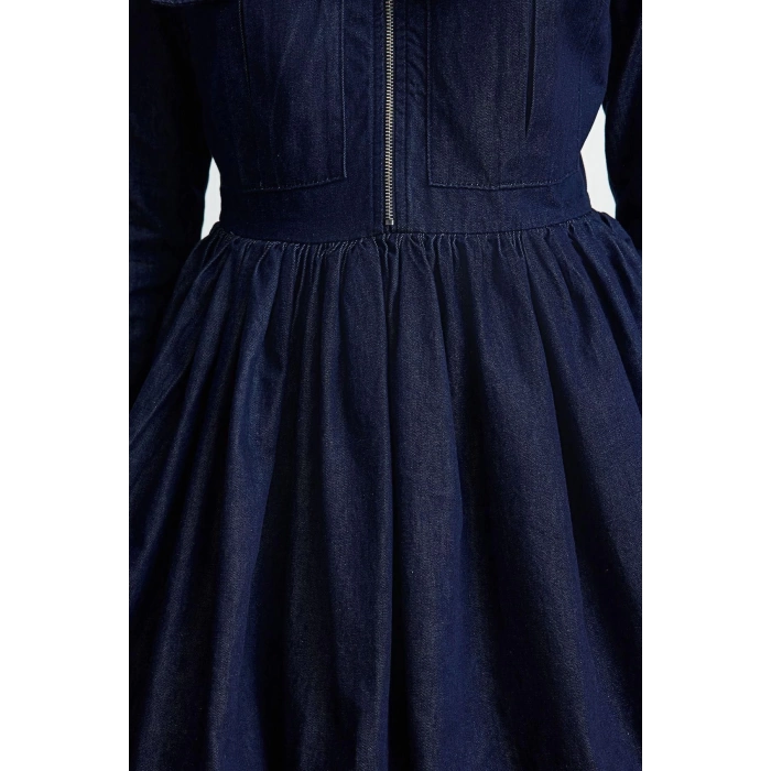 Moda Stil Denim Gömlek Yaka Mini Boy Cep Detaylı Balon Etekli Gömlek Elbise