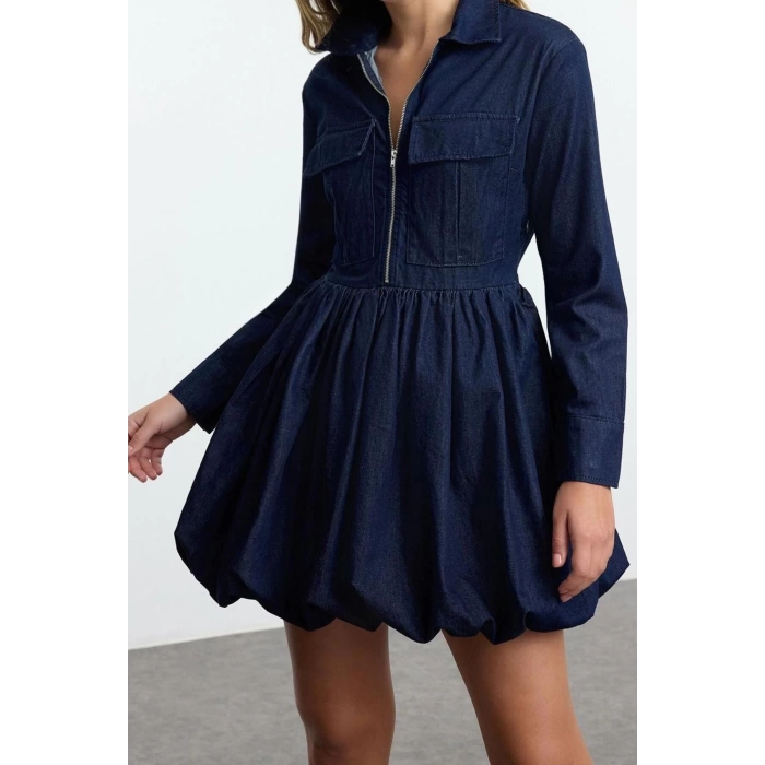Moda Stil Denim Gömlek Yaka Mini Boy Cep Detaylı Balon Etekli Gömlek Elbise