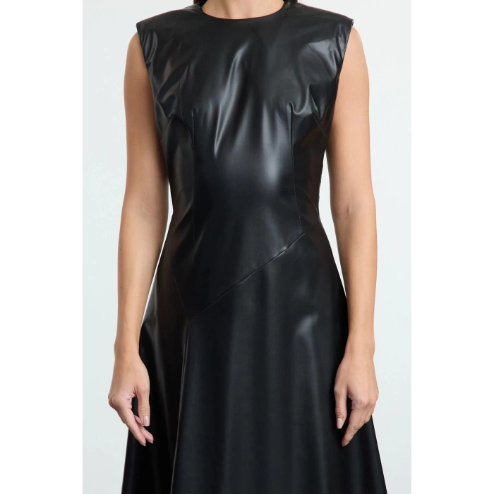 Fashion Style Regular Crew Neck Midi Length A Cut Sleeveless Faux Leather Woven Dress