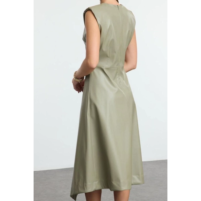 Fashion Style Regular Crew Neck Midi Length A Cut Sleeveless Faux Leather Woven Dress