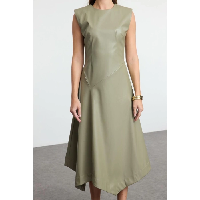 Fashion Style Regular Crew Neck Midi Length A Cut Sleeveless Faux Leather Woven Dress