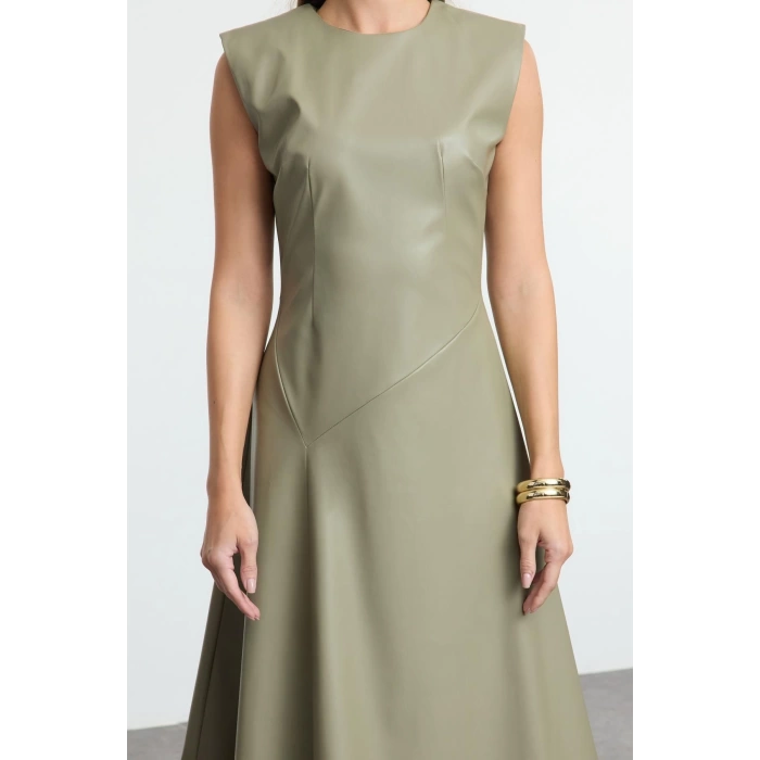 Fashion Style Regular Crew Neck Midi Length A Cut Sleeveless Faux Leather Woven Dress